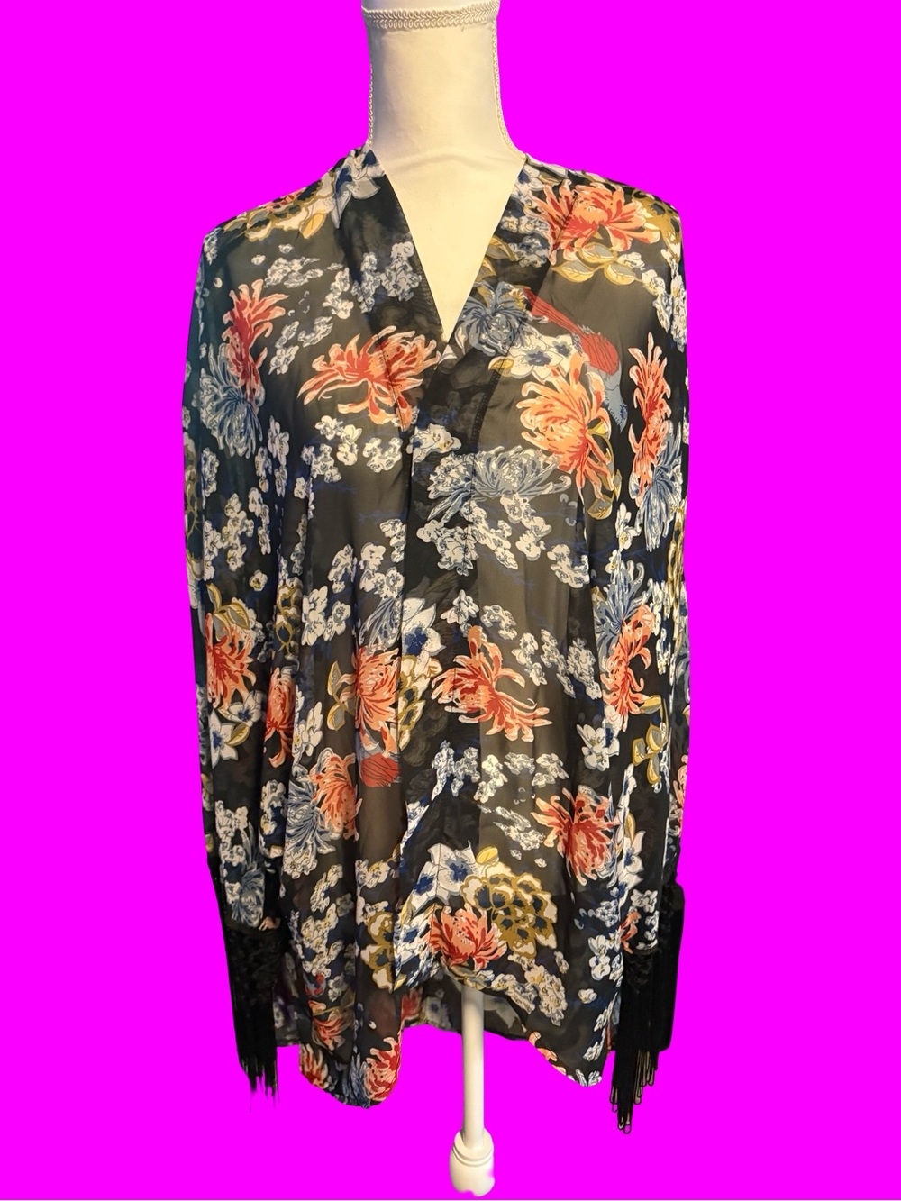 Floral Navy Wrap-Style Shawl Robe With Fringed Sleeves Like New OS